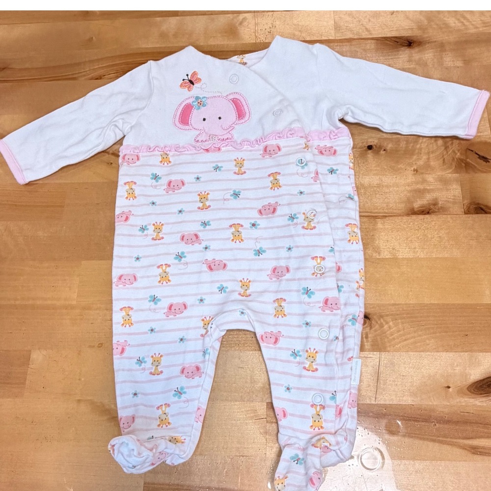 Modern Moments Footed Sleeper Baby Girl 0-3M Pink White Elephant Vintage